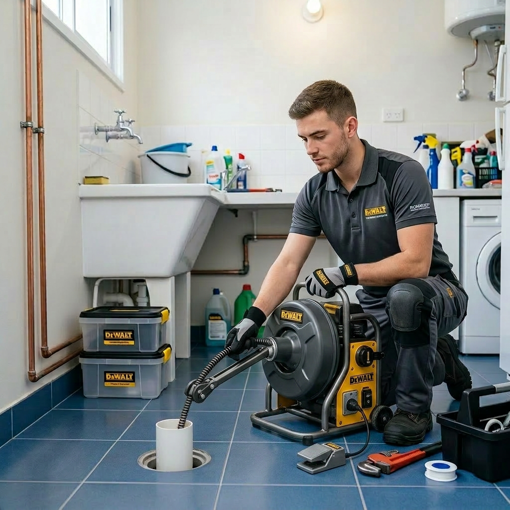 Plumber kneeling and using a drain snake to unclog a floor drain