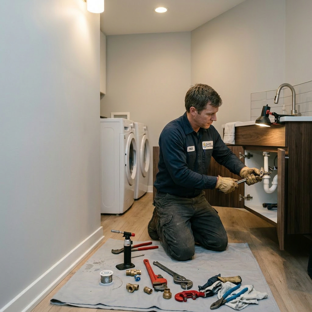 Plumber kneeling repairing exposed copper pipes in wall of laundry room